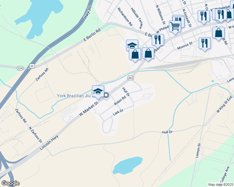 map of restaurants, bars, coffee shops, grocery stores, and more near 3060 West Market Street in York