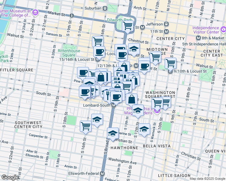 map of restaurants, bars, coffee shops, grocery stores, and more near 400 South Broad Street in Philadelphia