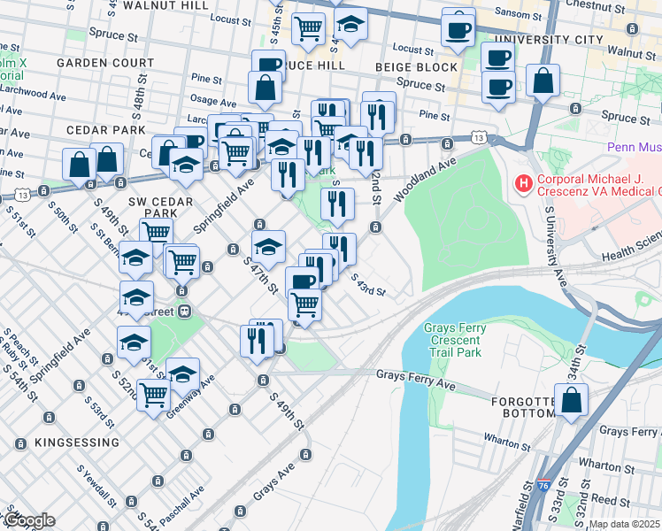 map of restaurants, bars, coffee shops, grocery stores, and more near 1235 South Melville Street in Philadelphia