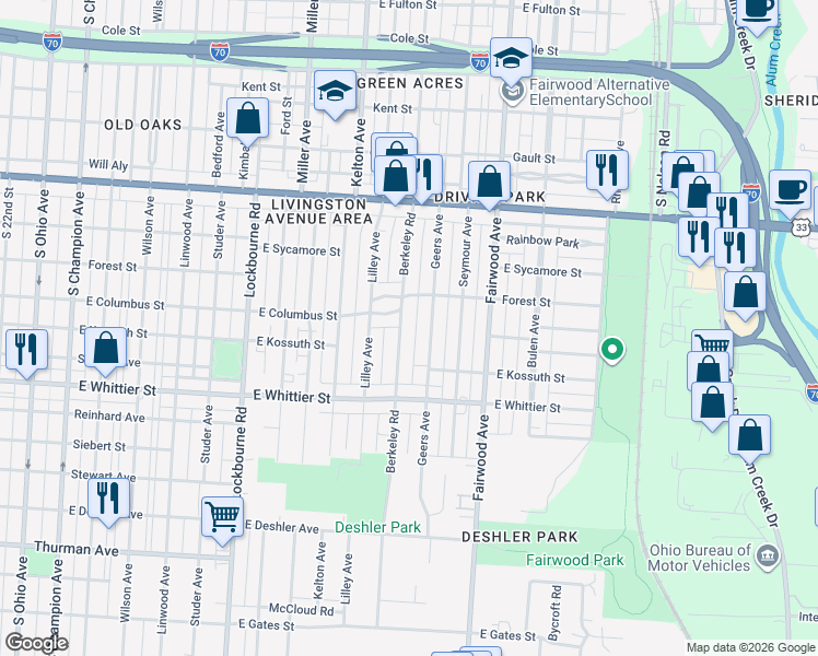 map of restaurants, bars, coffee shops, grocery stores, and more near 1058 Berkeley Road in Columbus