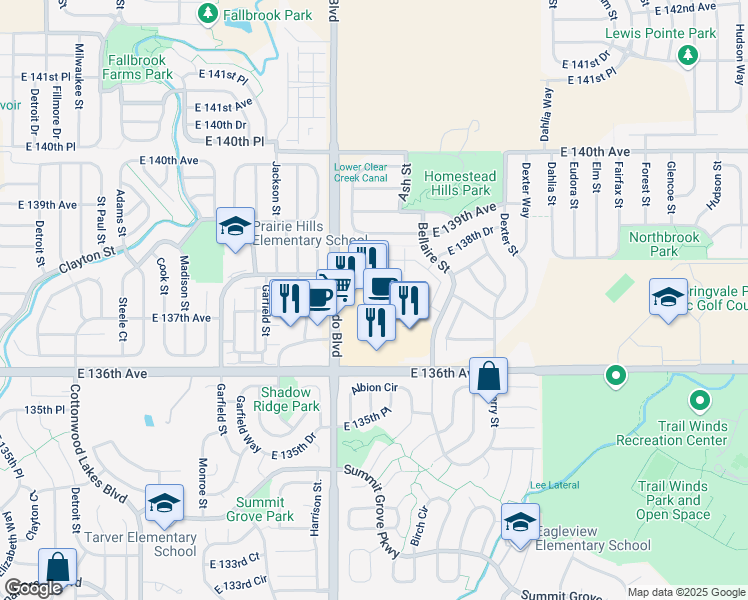 map of restaurants, bars, coffee shops, grocery stores, and more near 13762 Hilltop Village Parking Lot Road in Thornton