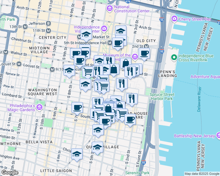 map of restaurants, bars, coffee shops, grocery stores, and more near 415 Spruce Street in Philadelphia