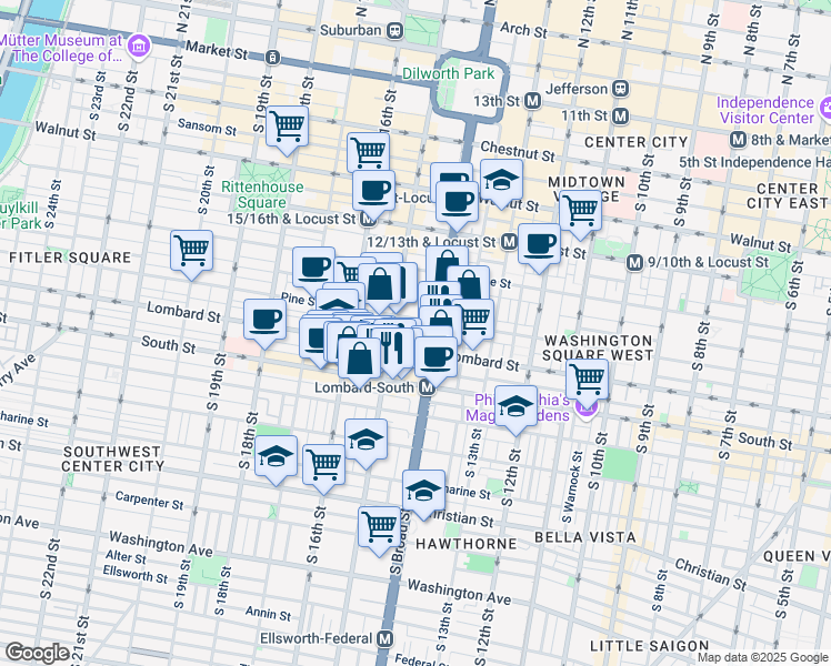 map of restaurants, bars, coffee shops, grocery stores, and more near 411 South Carlisle Street in Philadelphia