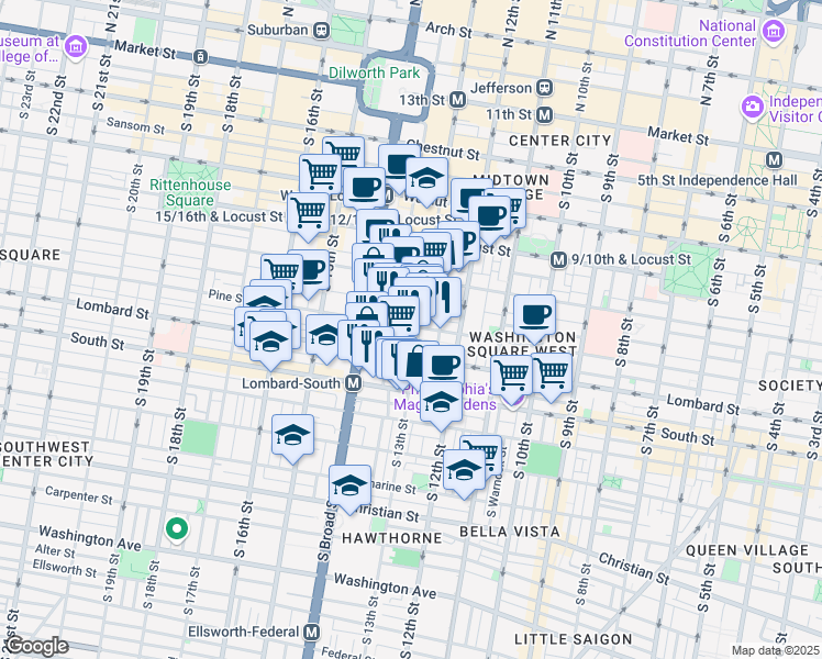 map of restaurants, bars, coffee shops, grocery stores, and more near 1302 Pine Street in Philadelphia
