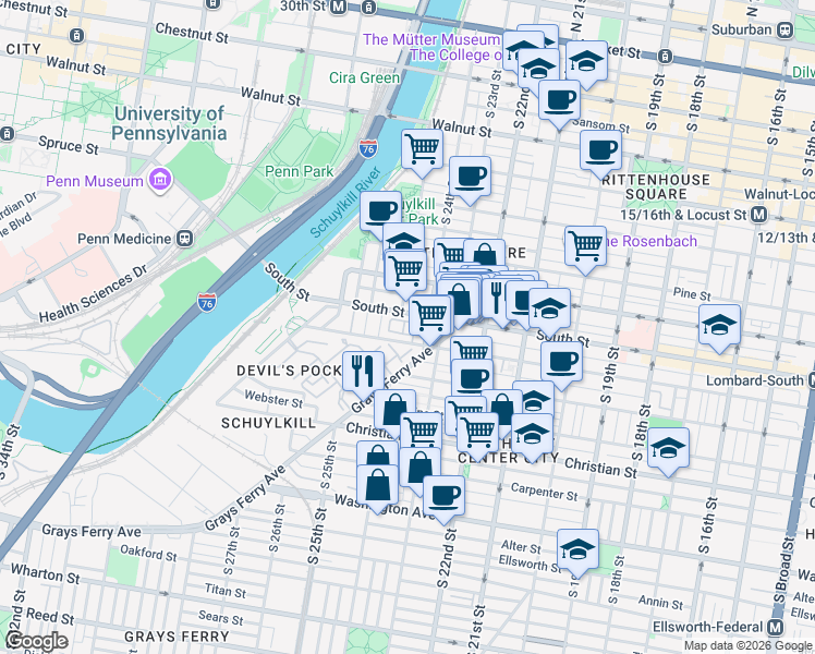 map of restaurants, bars, coffee shops, grocery stores, and more near 2401 Bainbridge Street in Philadelphia