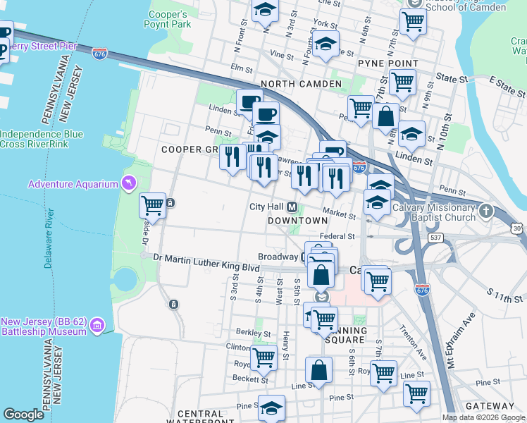 map of restaurants, bars, coffee shops, grocery stores, and more near 333 Arch Street in Camden