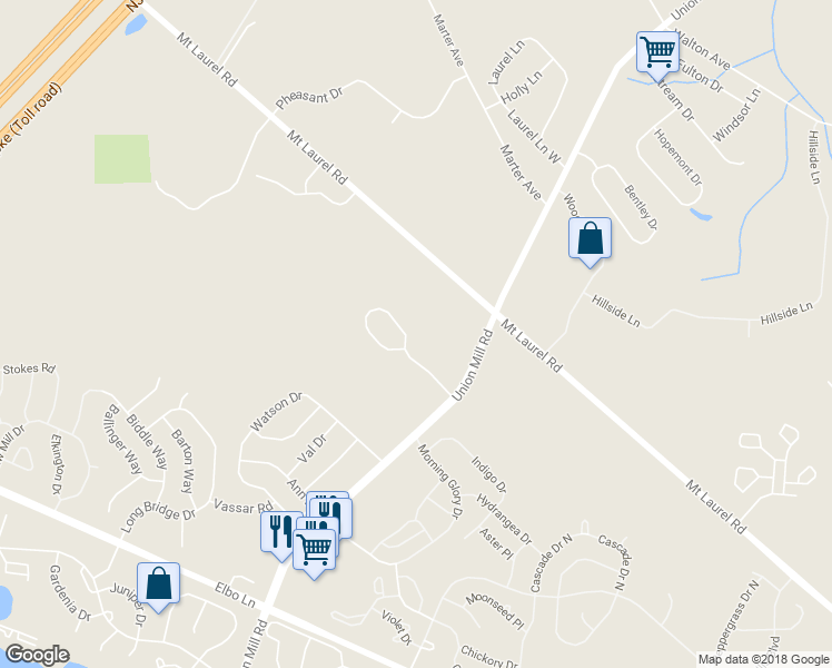 map of restaurants, bars, coffee shops, grocery stores, and more near 100 Buckingham Way in Mount Laurel Township