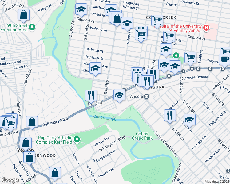 map of restaurants, bars, coffee shops, grocery stores, and more near 5918 Latona Street in Philadelphia