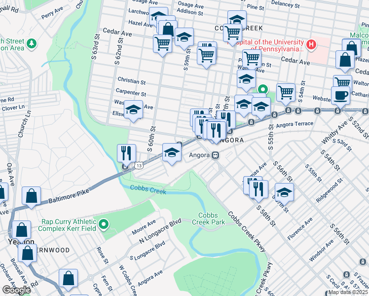 map of restaurants, bars, coffee shops, grocery stores, and more near 5834 Baltimore Avenue in Philadelphia