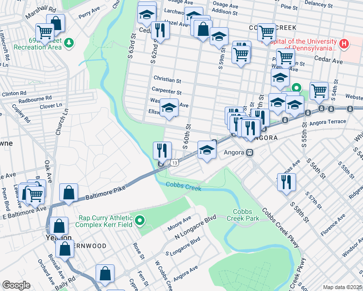 map of restaurants, bars, coffee shops, grocery stores, and more near 1138 South 60th Street in Philadelphia