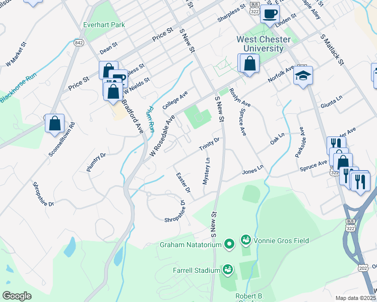 map of restaurants, bars, coffee shops, grocery stores, and more near 523 Trinity Drive in West Chester