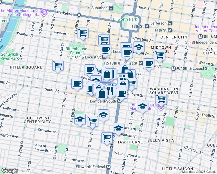 map of restaurants, bars, coffee shops, grocery stores, and more near 412 South 15th Street in Philadelphia