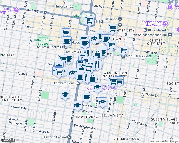 map of restaurants, bars, coffee shops, grocery stores, and more near 1314 Pine Street in Philadelphia