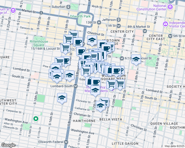 map of restaurants, bars, coffee shops, grocery stores, and more near 1234 Pine St in Philadelphia