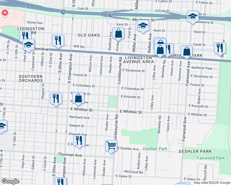 map of restaurants, bars, coffee shops, grocery stores, and more near 1024 Lockbourne Road in Columbus