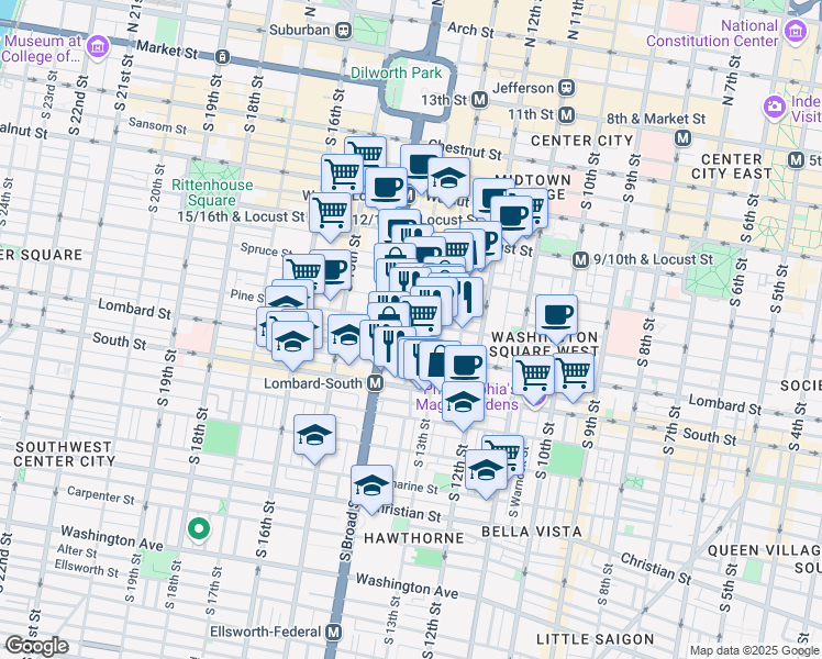 map of restaurants, bars, coffee shops, grocery stores, and more near 1310 Waverly Street in Philadelphia