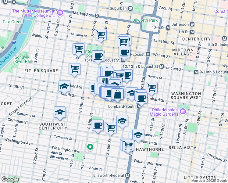 map of restaurants, bars, coffee shops, grocery stores, and more near in Philadelphia