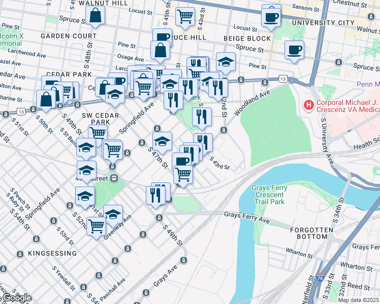 map of restaurants, bars, coffee shops, grocery stores, and more near 1226 South Melville Street in Philadelphia