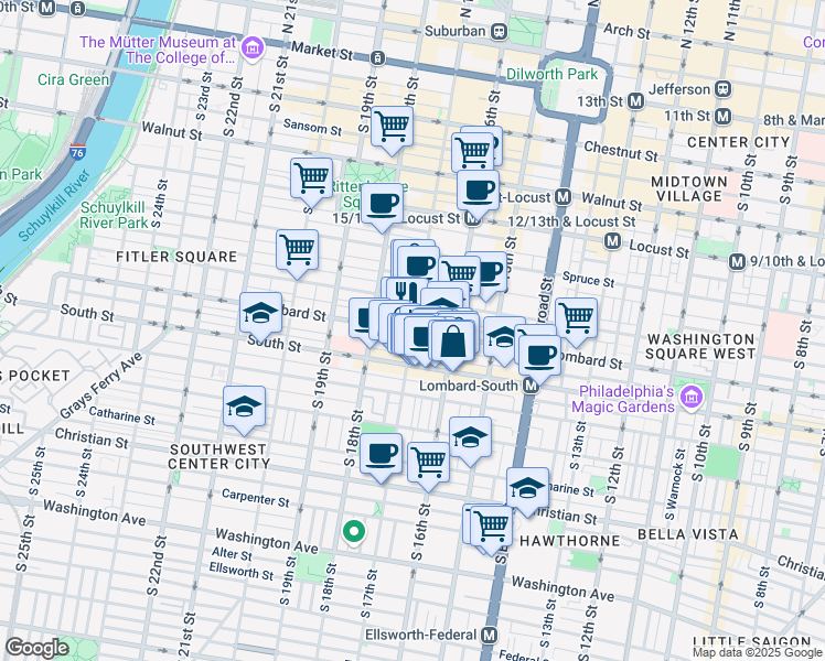 map of restaurants, bars, coffee shops, grocery stores, and more near Lombard Street & South 17th Street in Philadelphia