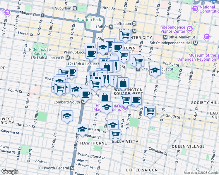 map of restaurants, bars, coffee shops, grocery stores, and more near 1209 Pine St in Philadelphia