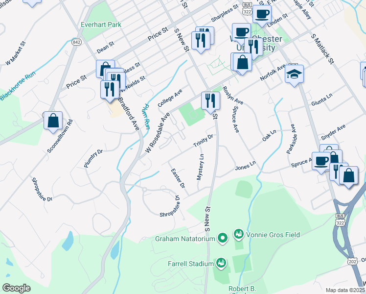 map of restaurants, bars, coffee shops, grocery stores, and more near 523 Trinity Drive in West Chester
