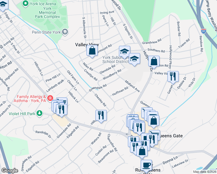 map of restaurants, bars, coffee shops, grocery stores, and more near 712 Greendale Road in York