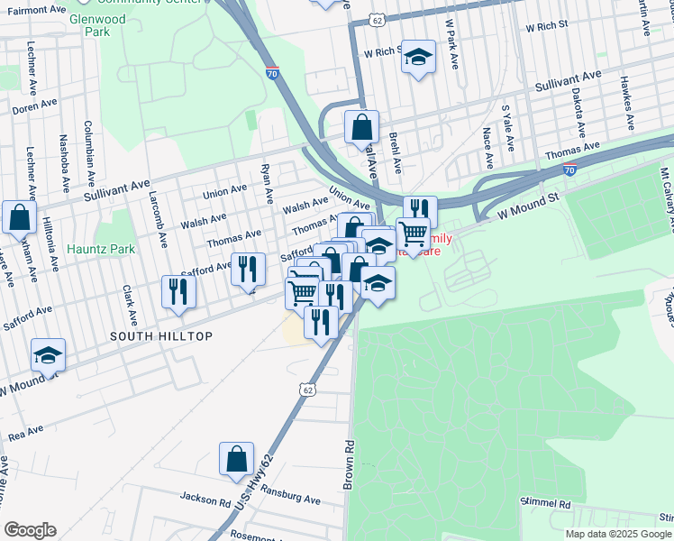 map of restaurants, bars, coffee shops, grocery stores, and more near 1498 West Mound Street in Columbus