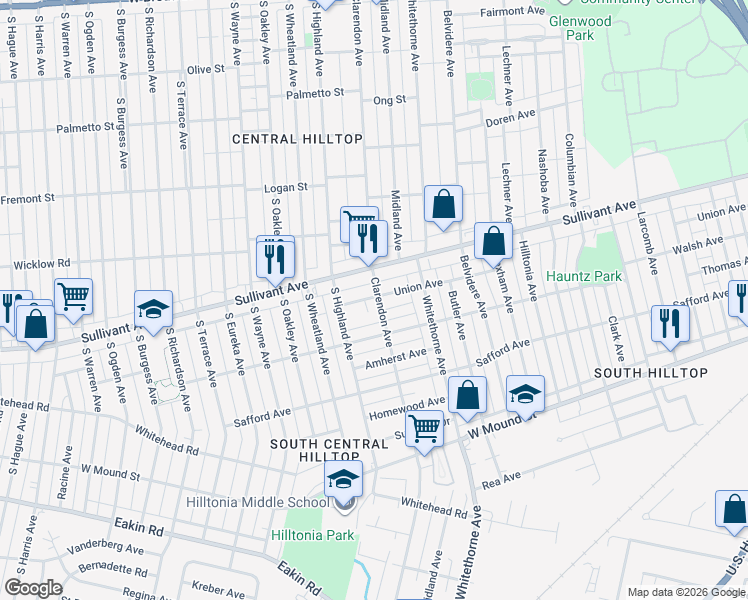 map of restaurants, bars, coffee shops, grocery stores, and more near 501 Clarendon Avenue in Columbus