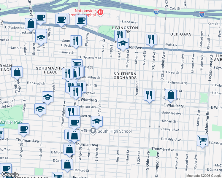 map of restaurants, bars, coffee shops, grocery stores, and more near 605 Stanley Avenue in Columbus