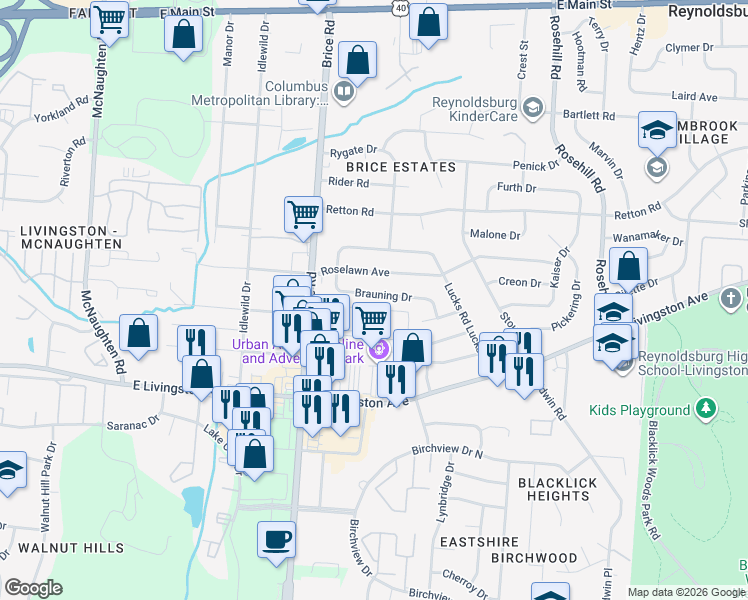 map of restaurants, bars, coffee shops, grocery stores, and more near 6298 Century City North in Reynoldsburg
