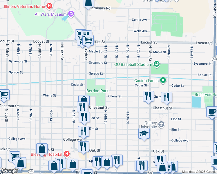 map of restaurants, bars, coffee shops, grocery stores, and more near 1122 North 14th Street in Quincy