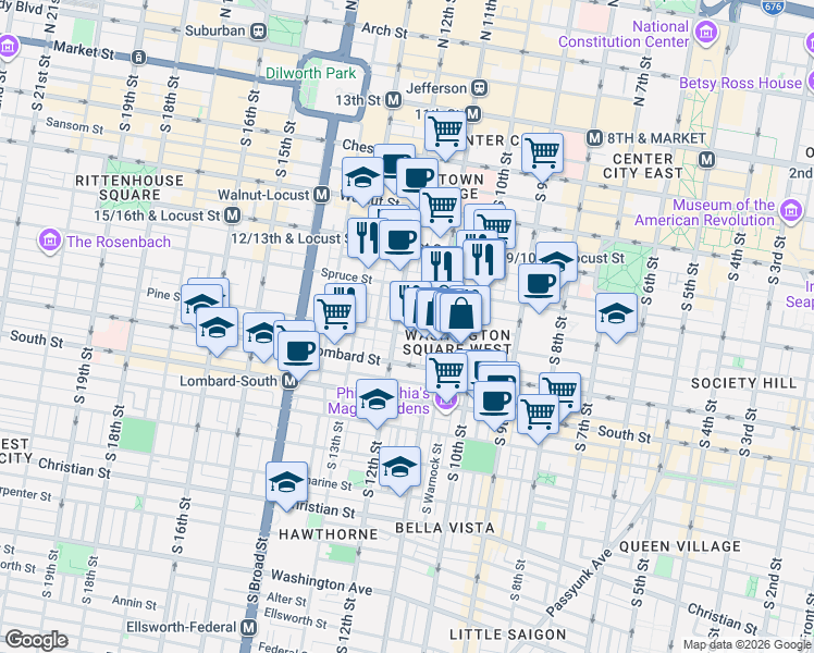 map of restaurants, bars, coffee shops, grocery stores, and more near 1137 Pine Street in Philadelphia