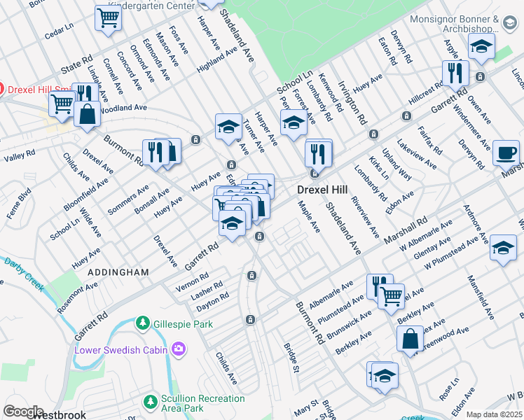 map of restaurants, bars, coffee shops, grocery stores, and more near 3601 Garrett Road in Drexel Hill