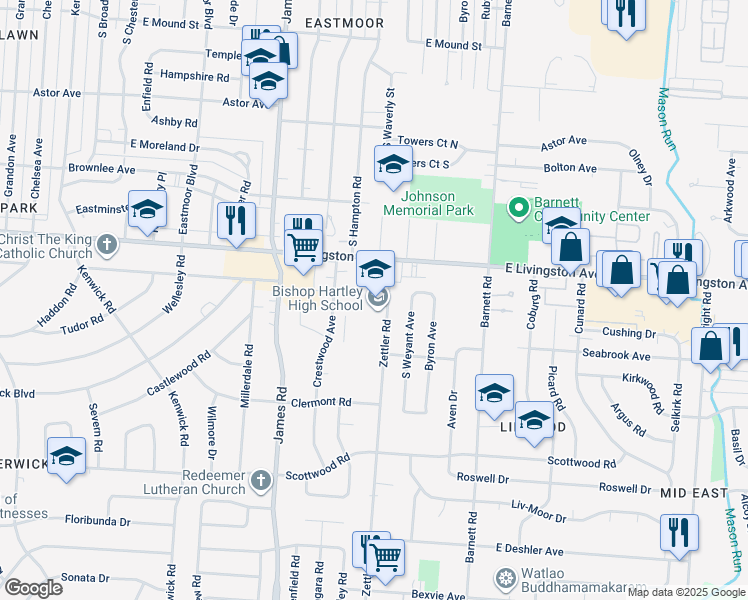 map of restaurants, bars, coffee shops, grocery stores, and more near 1285 Zettler Road in Columbus