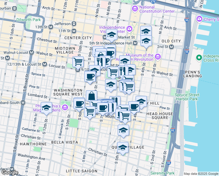 map of restaurants, bars, coffee shops, grocery stores, and more near 632 Spruce Street in Philadelphia