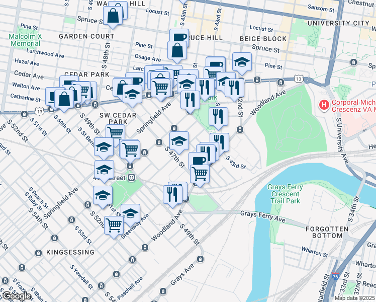 map of restaurants, bars, coffee shops, grocery stores, and more near 4608 Kingsessing Avenue in Philadelphia