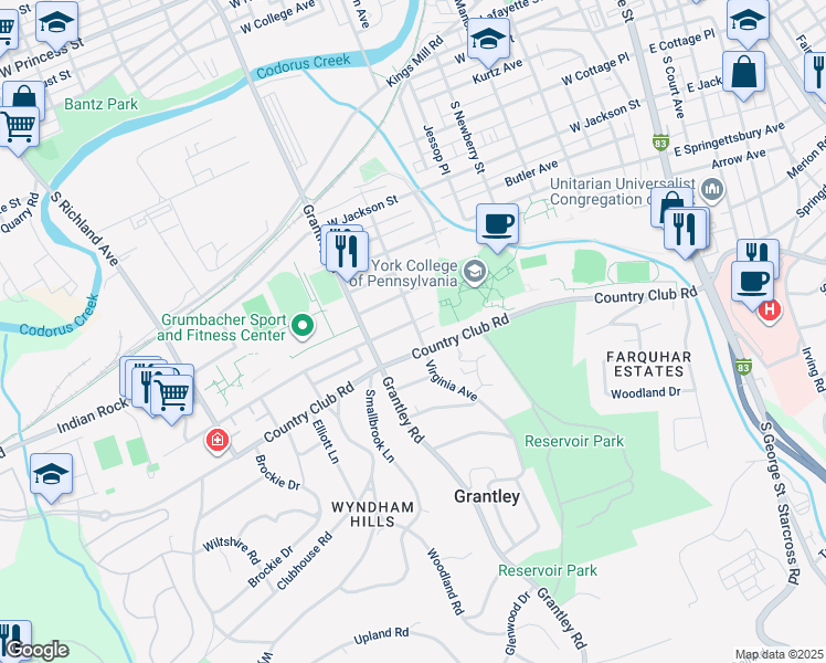 map of restaurants, bars, coffee shops, grocery stores, and more near 516 Colonial Avenue in York