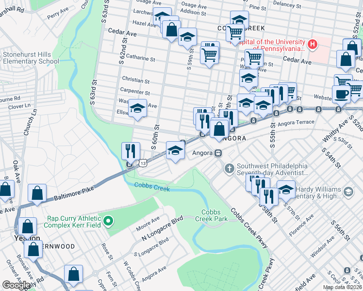 map of restaurants, bars, coffee shops, grocery stores, and more near 5907 Baltimore Avenue in Philadelphia