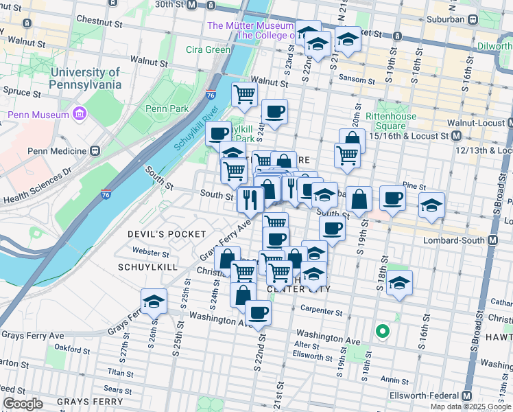 map of restaurants, bars, coffee shops, grocery stores, and more near 2235 Grays Ferry Avenue in Philadelphia