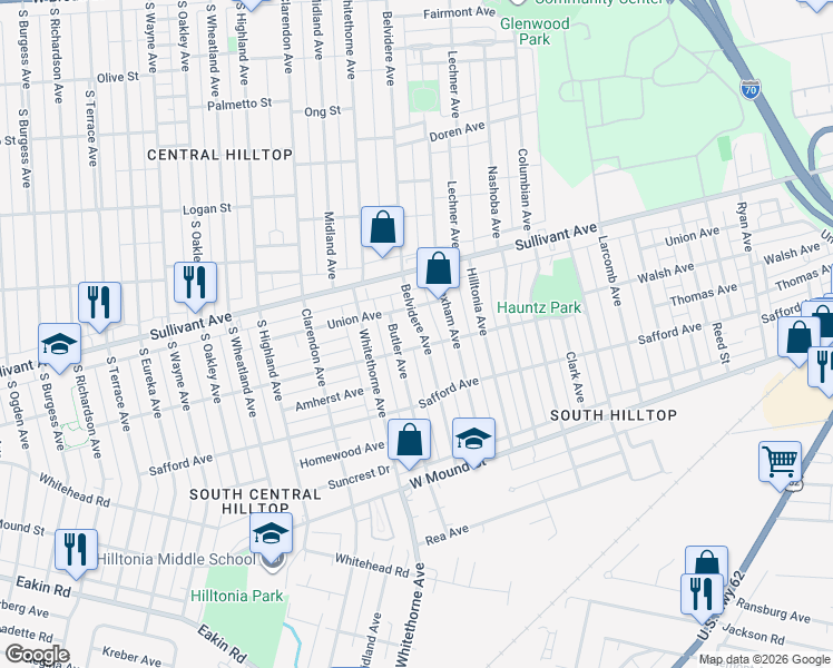 map of restaurants, bars, coffee shops, grocery stores, and more near 522 Belvidere Avenue in Columbus