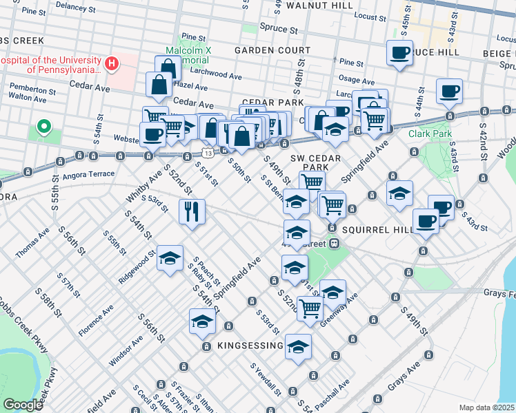map of restaurants, bars, coffee shops, grocery stores, and more near 5015 Warrington Avenue in Philadelphia
