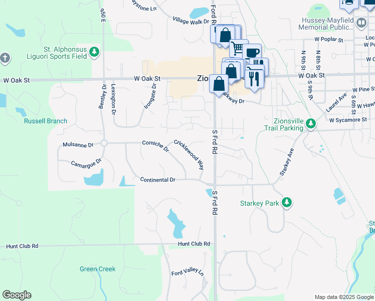 map of restaurants, bars, coffee shops, grocery stores, and more near 1525 Cricklewood Way in Zionsville