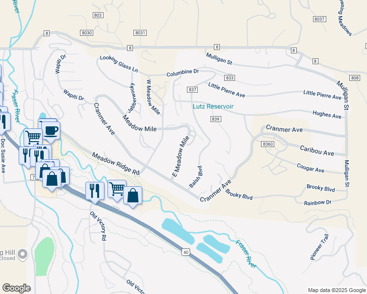 map of restaurants, bars, coffee shops, grocery stores, and more near 56 East Meadow Mile in Fraser