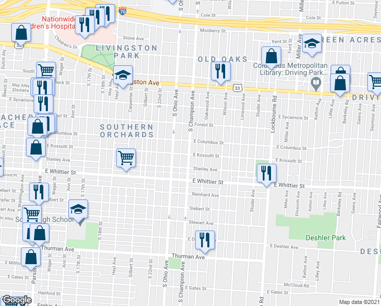 map of restaurants, bars, coffee shops, grocery stores, and more near 972 South Champion Avenue in Columbus