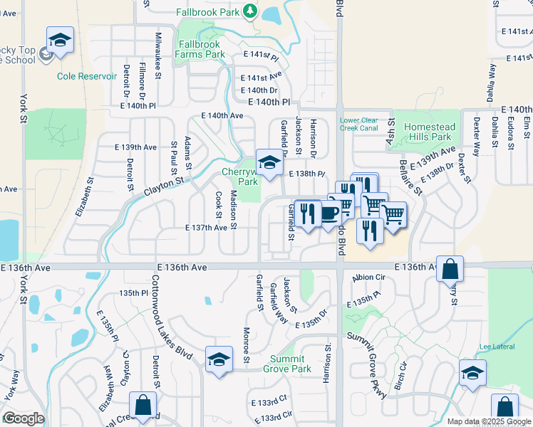 map of restaurants, bars, coffee shops, grocery stores, and more near 13640 Garfield Street in Thornton