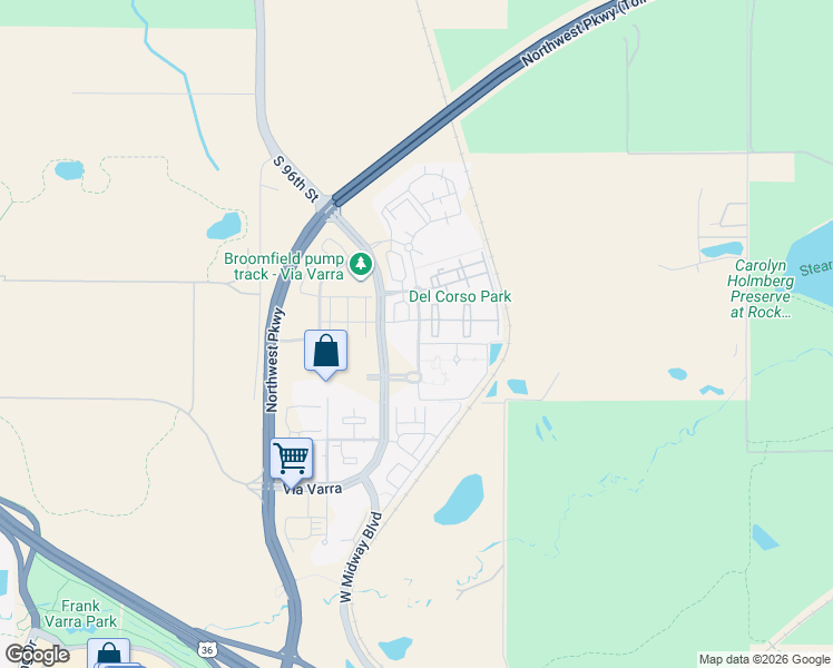 map of restaurants, bars, coffee shops, grocery stores, and more near 13670 Via Varra in Broomfield