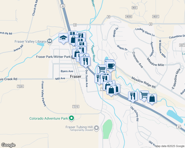 map of restaurants, bars, coffee shops, grocery stores, and more near 110 Doc Susie Ave in Fraser