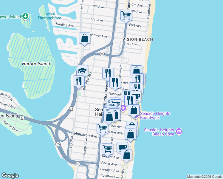 map of restaurants, bars, coffee shops, grocery stores, and more near 132 Hancock Avenue in Seaside Heights