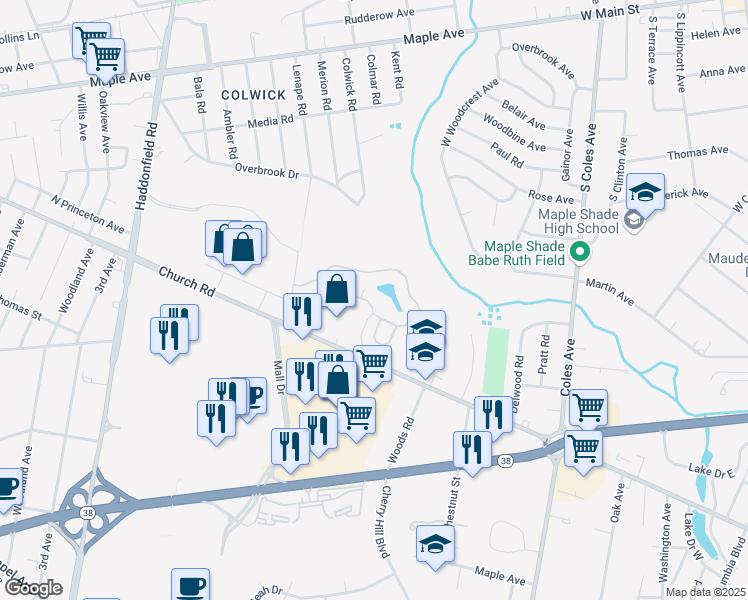 map of restaurants, bars, coffee shops, grocery stores, and more near 1 Burroughs Mill Circle in Cherry Hill