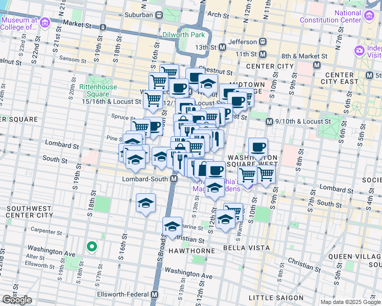 map of restaurants, bars, coffee shops, grocery stores, and more near 1310 Waverly Street in Philadelphia